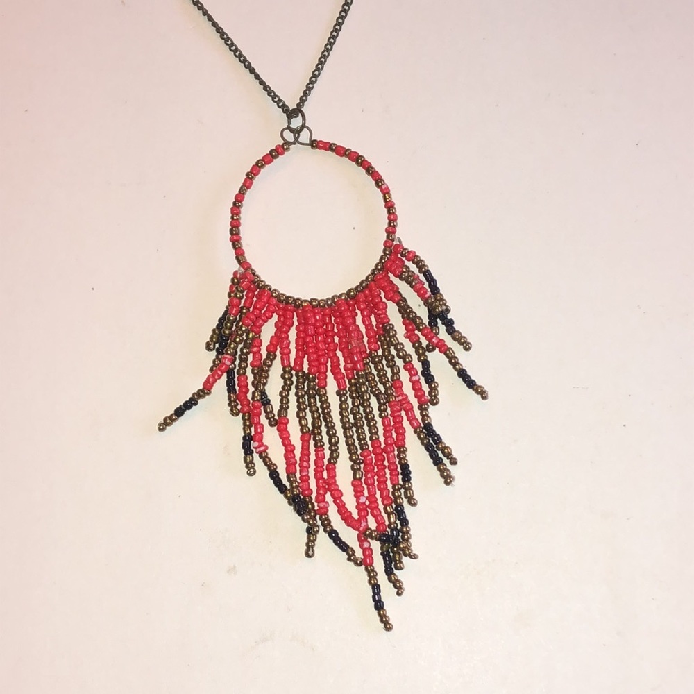 Beaded Boho Fringe Hoop Necklace - Red and Bronze